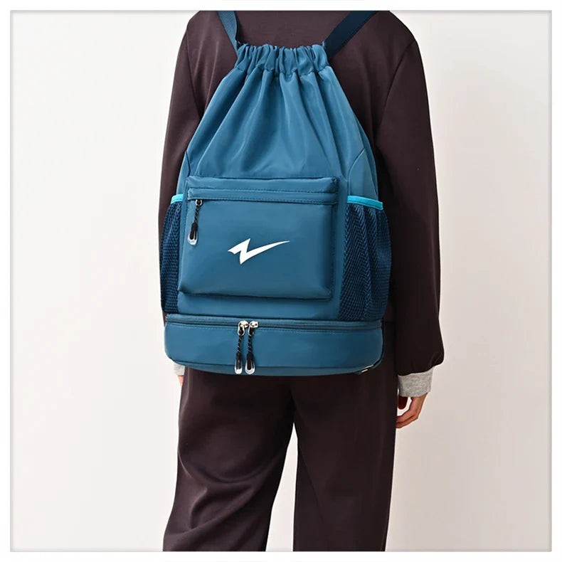 Drawstring Fitness Bag — Lightweight Multi-Pocket Gym Backpack with Separate Shoe Compartment, Foldable Outdoor Training Bag