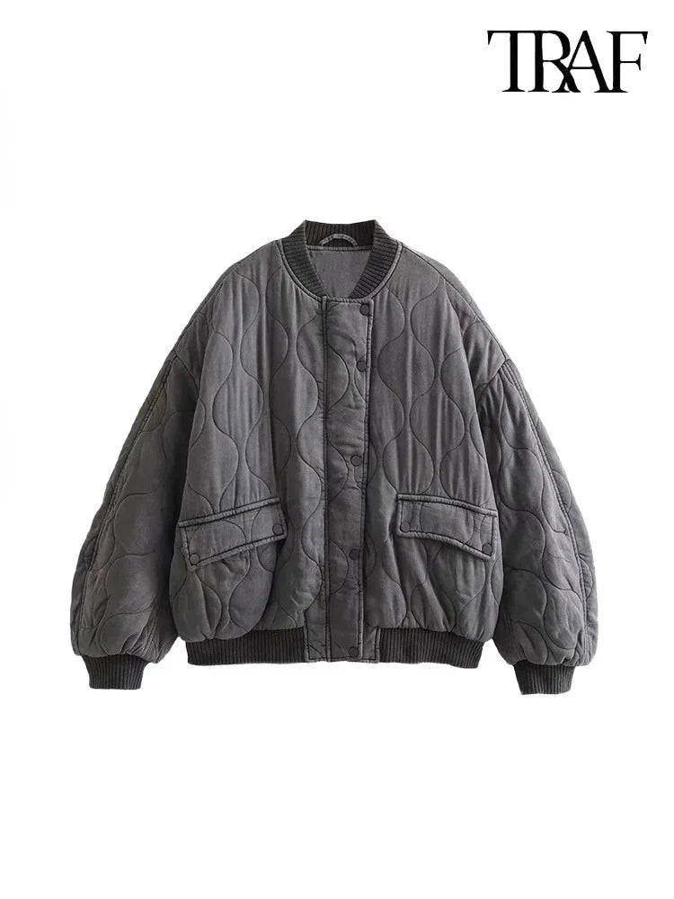 TRAF Women’s Quilted Aviator Jacket – Solid Color Round Collar Long Sleeve Casual Coat
