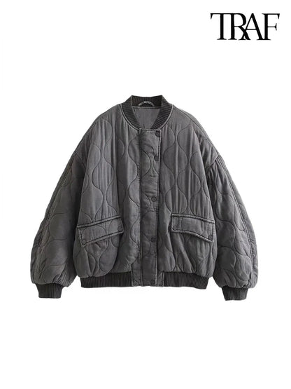 TRAF Women’s Quilted Aviator Jacket – Solid Color Round Collar Long Sleeve Casual Coat
