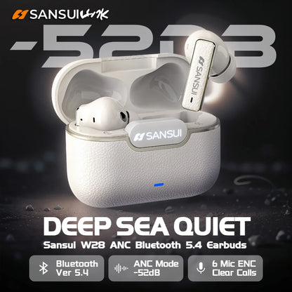 Sansui W28 ANC Bluetooth Earbuds – -52dB Noise Cancelling, 6-Mic HD Calls, In-Ear Detection, Comfort Fit for Sports & Work