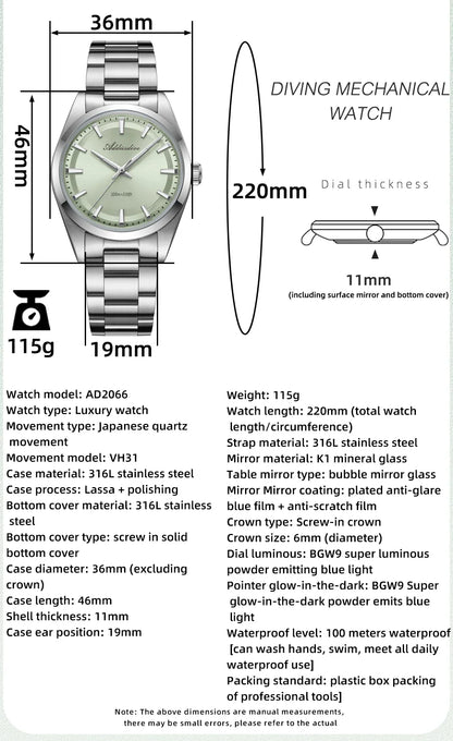 ADDIESDIVE 36MM Men's Stainless Steel Quartz Watch — Luxury Bubble Mirror Glass, 100M Waterproof Timepiece AD2066