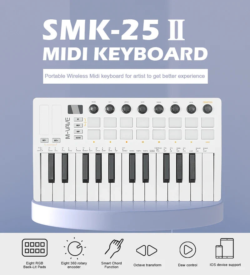 M-VAVE SMK-25 II MIDI Controller Keyboard – 25-Key USB Mini, 16 RGB Drum Pads, 8 Knobs, Music Production Software Included