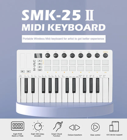 M-VAVE SMK-25 II MIDI Controller Keyboard – 25-Key USB Mini, 16 RGB Drum Pads, 8 Knobs, Music Production Software Included