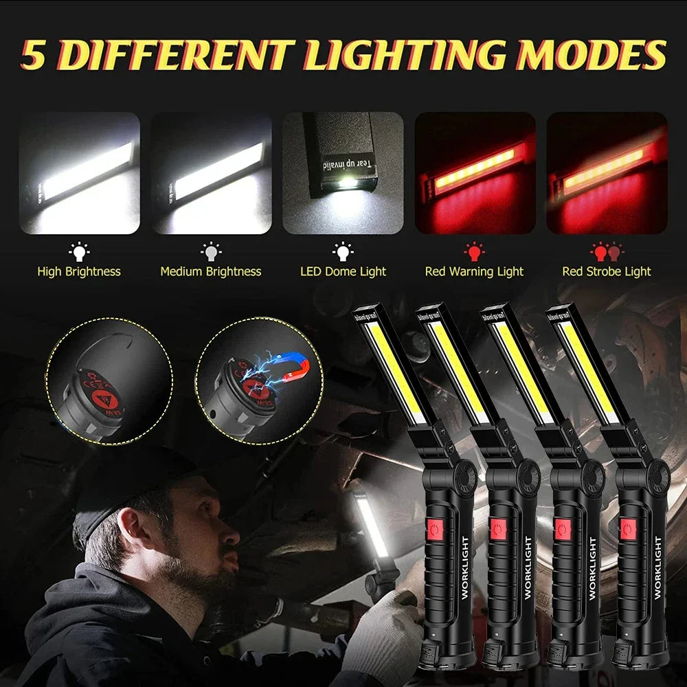 USB Rechargeable Camping LED Flashlight Work Light: IP64 Waterproof, 5 Lighting Modes - with Magnet and Hook, Suitable for Night Work