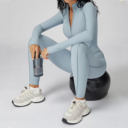 Women’s Long Sleeve Yoga Bodysuit Jumpsuit – Zip-Up Gym Tracksuit One-Piece Fitness Outfit for High-Intensity Workout & Training