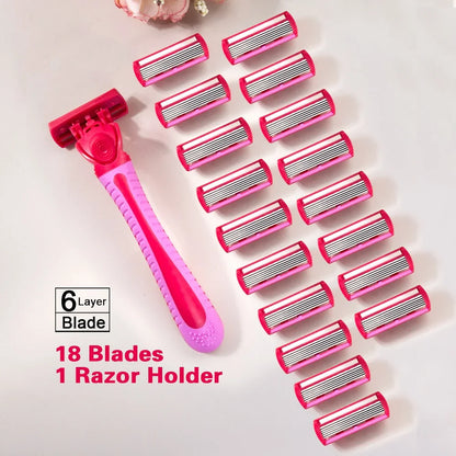 Women’s 6-Layer Manual Safety Razor Set – 1 Handle + 18 Stainless Steel Replaceable Blades