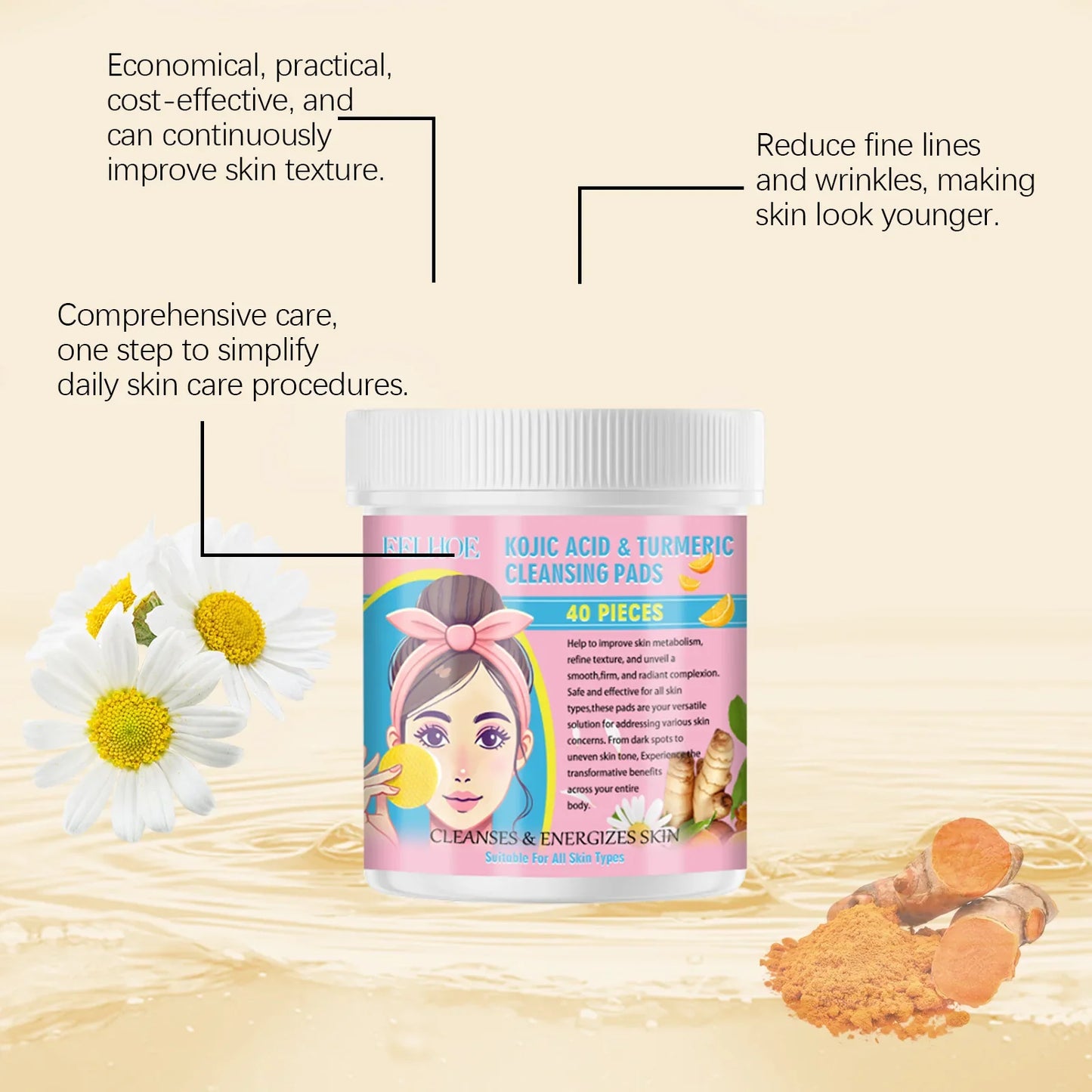 EELHOE Turmeric and Kojic Acid Facial Cleansing Pads - Exfoliating Daily Skin Care for Pores, Dirt Removal, and Moisturizing