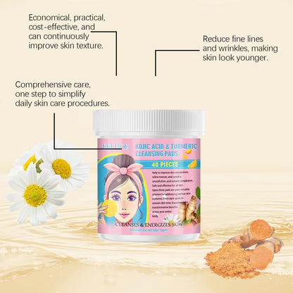 EELHOE Turmeric and Kojic Acid Facial Cleansing Pads - Exfoliating Daily Skin Care for Pores, Dirt Removal, and Moisturizing