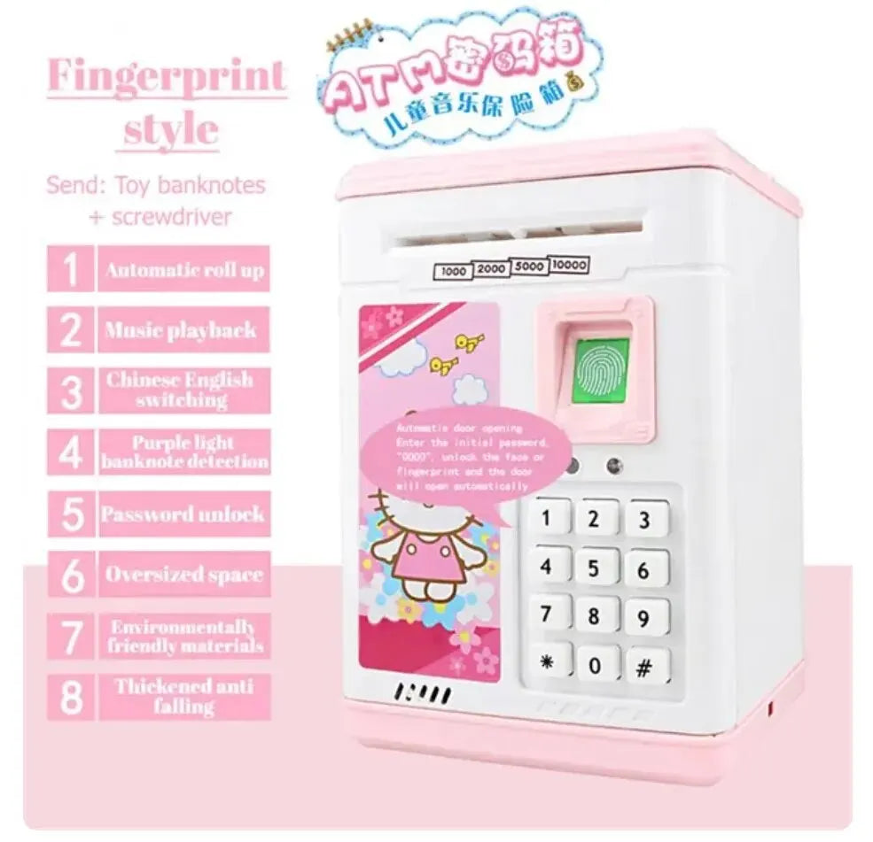 Cartoon Fingerprint Automatic Bank for Kids - Electric ATM Cash Roll Safe Deposit Box - Ideal Christmas Gift for Boys and Girls
