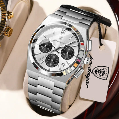 POEDAGAR Luxury Men’s Sport Chronograph Watch – Stainless Steel Waterproof Quartz Wristwatch with Date & Luminous Display