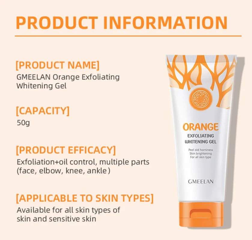 Orange Exfoliating Gel 50g — Dead Skin Remover, Brightening Peeling Scrub, Hydrating & Whitening Korean Skincare Moisturizer
