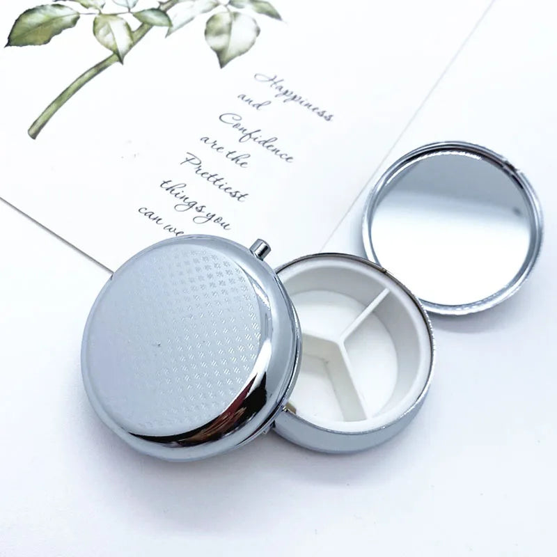 Embossed Metal Pill Box – Round 3-Grid Portable Medicine Organizer Case for Travel & Daily Supplement Storage MR005