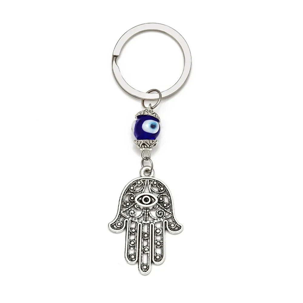 Lucky Eye Fatima Hand Keychain – Alloy Tree of Life Elephant Owl Blue Turkish Evil Eye Car Keyring Jewelry for Men & Women Gift