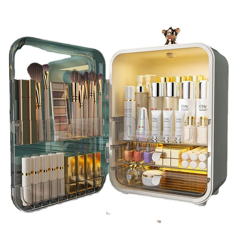 Light Luxury LED Mirror Cosmetics Storage Box - Dust Belt Drawer Skincare Organizer with Large Capacity for Vanity Table Home Storage