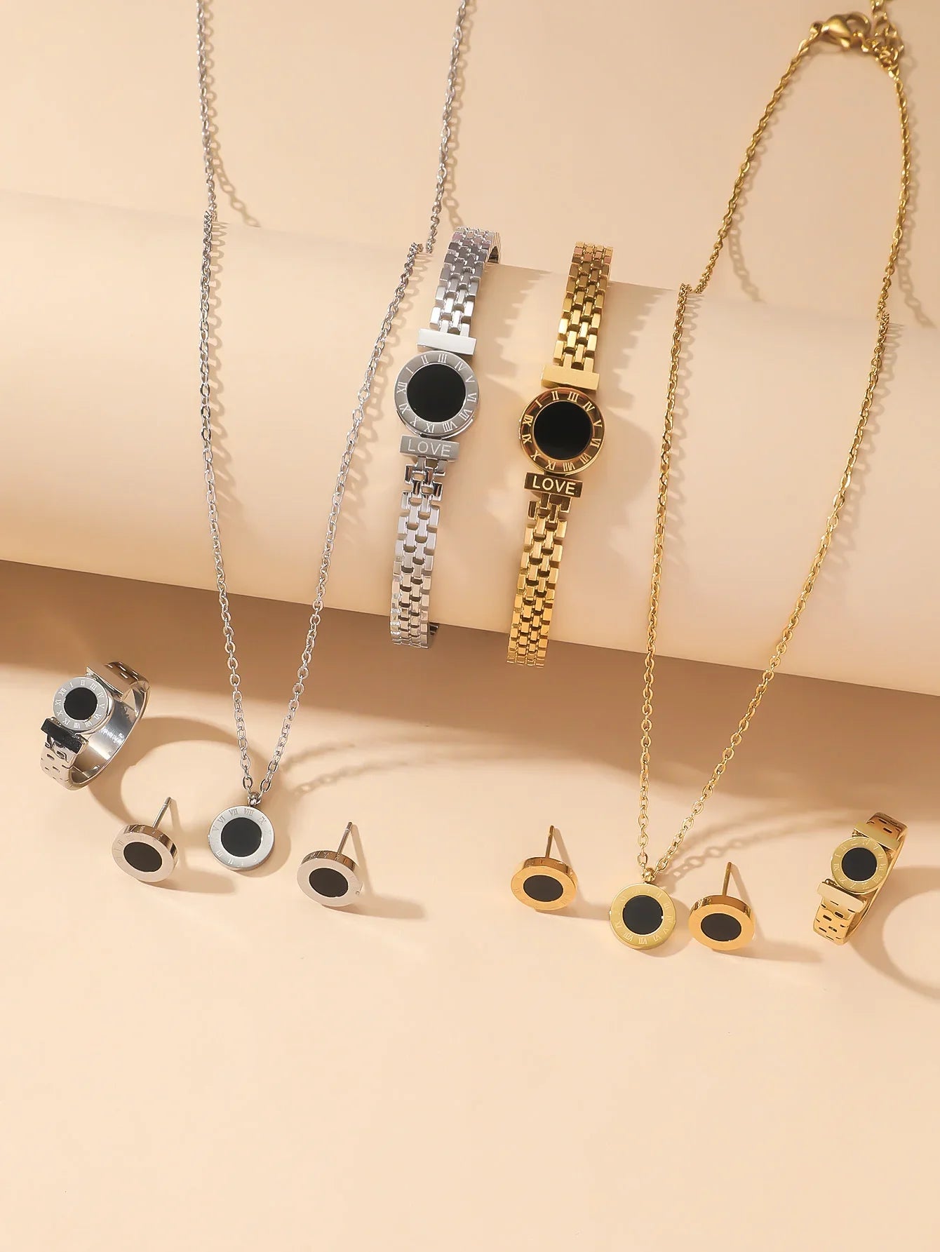 Niche Design Roman Digital Jewelry Set — Titanium Steel Necklace, Bracelet & Ring Studs for Women, Simple & Elegant