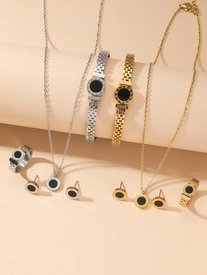Niche Design Roman Digital Jewelry Set — Titanium Steel Necklace, Bracelet & Ring Studs for Women, Simple & Elegant