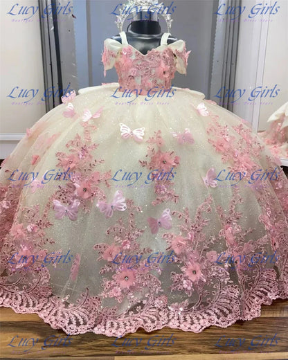 Pink Flower Girl Dress - Fluffy Tulle Butterfly Applique Gown for Weddings & Parties