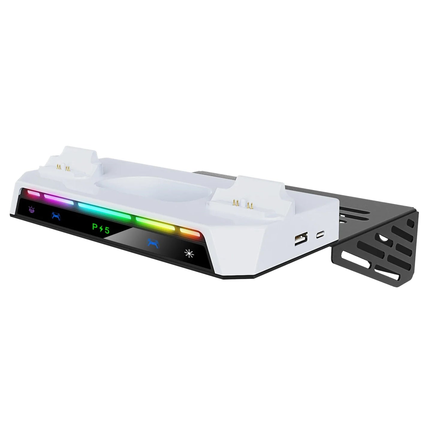 PS5/PS5 Pro/Slim Wall Mount Kit – RGB Light Stand with Charging Station & Headset Hanger for Dual Controllers