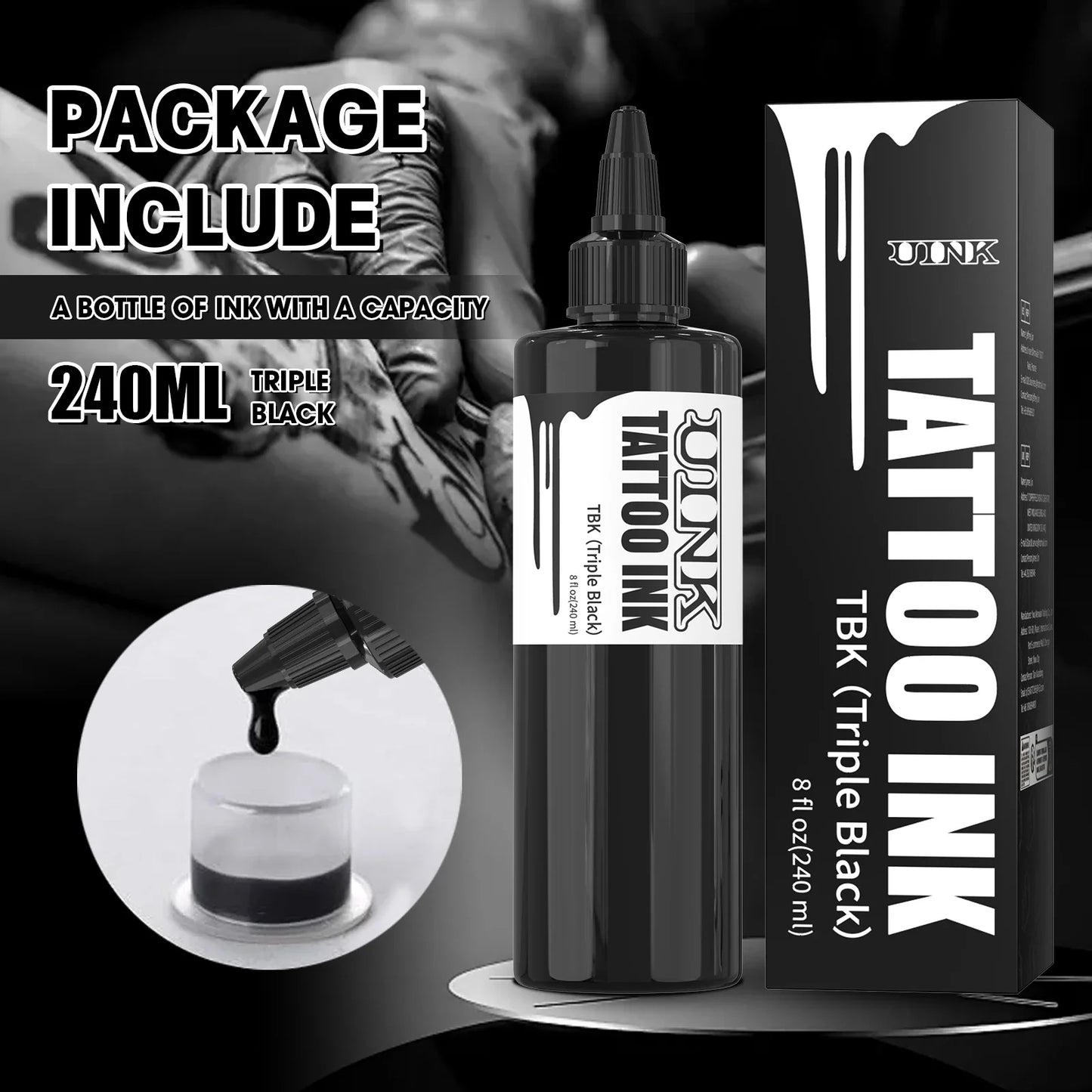 DQFART 240ML Professional Tattoo Ink – Triple Black & White Pigment for Permanent & Semi-Permanent Body Art Supplies
