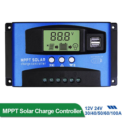 MPPT Solar Charge Controller — 30A-100A Dual USB LCD Regulator for 12V/24V Solar Panels with Load Control
