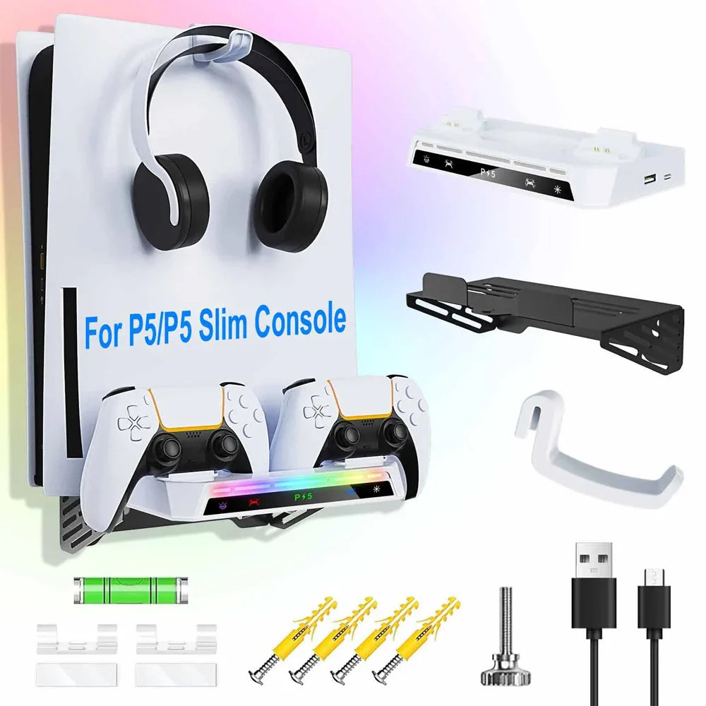 PS5/PS5 Pro/Slim Wall Mount Kit – RGB Light Stand with Charging Station & Headset Hanger for Dual Controllers