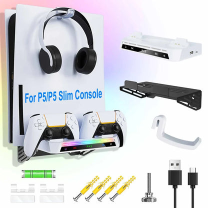 PS5/PS5 Pro/Slim Wall Mount Kit – RGB Light Stand with Charging Station & Headset Hanger for Dual Controllers