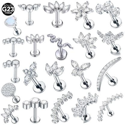 Titanium CZ Tragus & Helix Stud – Internally Threaded Labret Lip Ring Piercing Earring (1PC)