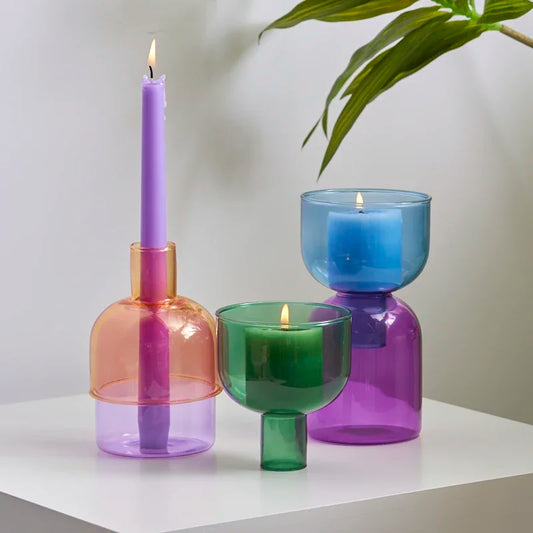 Colorful Glass Flower Vase & Candle Holder - Decorative Pillar Candle Stand, Versatile Bottle Jar and Plant Container for Home Decor