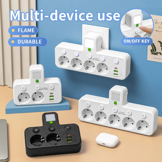 EU Plug Outlet with 5 Sockets – Electrical Power Strip with Optional USB Type-C Ports, No Extension Cord (Two Specifications)