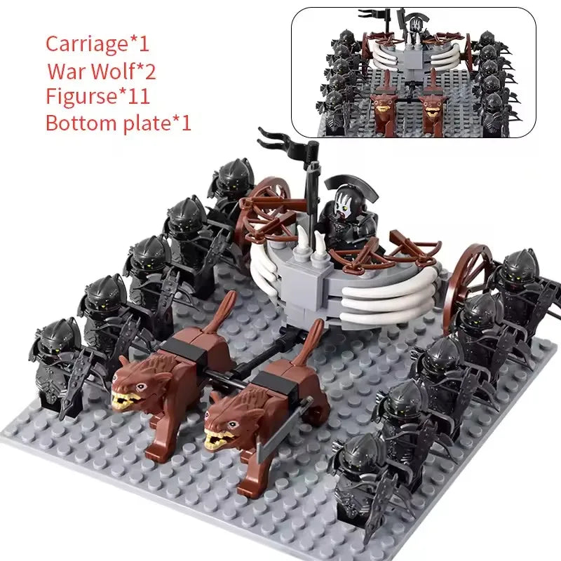 MOC Medieval LOTR Figures — Black Wolves & Mounted Chariots Action Dolls, Assembled Brick Building Blocks Toy