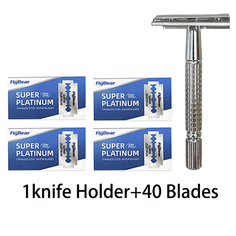 Double Edge Beard Shaver Set – Men's Classic Stainless Steel Razor with Trimmer Blades and Storage Box