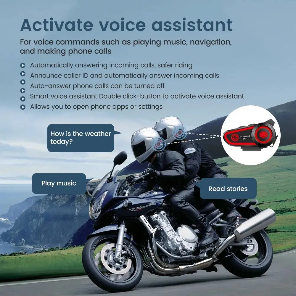 GEARELEC DK02 Motorcycle Helmet Headset - Stereo Bluetooth Hands-Free Call, IPX7 Waterproof, 2800mAh with Tri-Color Ambient Light