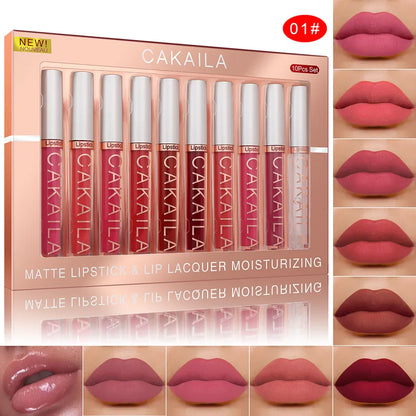 CAKAILA 10-Piece Nude Matte Lip Gloss Set – Waterproof Velvet Liquid Lipstick & Moisturizing Lip Tint for Women