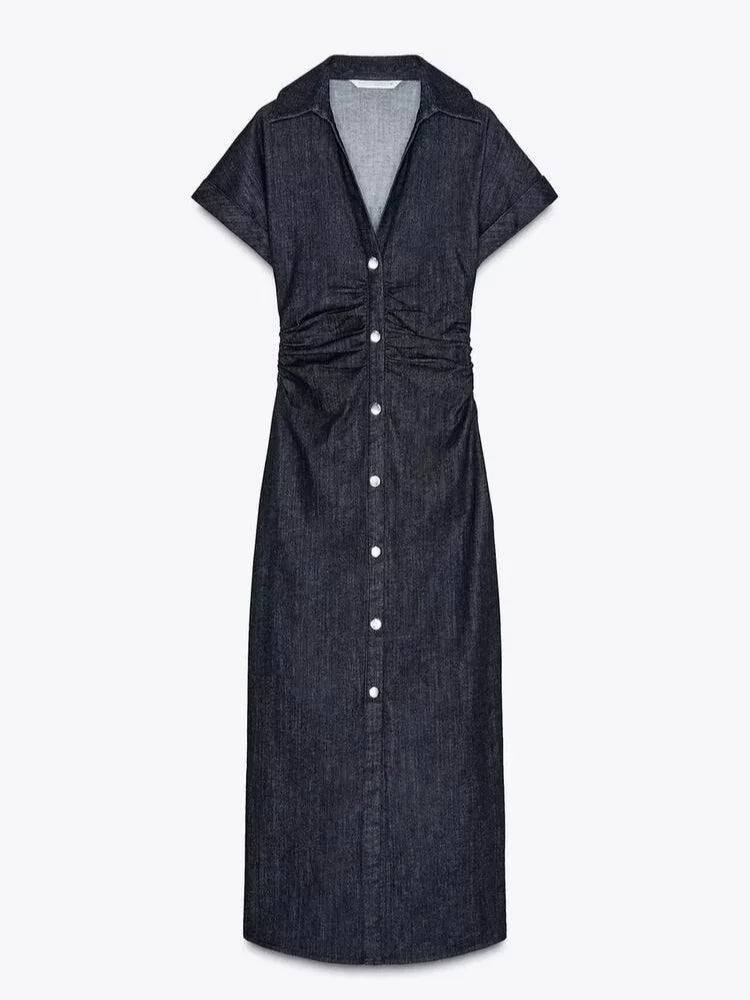 Elegant Pleated Denim Dress for Women – 2025 Chic Slim Fit Lapel Vestido with Short Sleeves & Single-Breasted Design