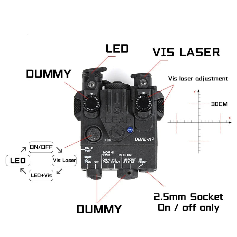 DBAL A2 Tactical Aiming Device – M300/M600 Flashlight, Red/Blue/Green Optics, 20mm Rail Mount Airsoft Accessory
