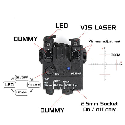 DBAL A2 Tactical Aiming Device – M300/M600 Flashlight, Red/Blue/Green Optics, 20mm Rail Mount Airsoft Accessory