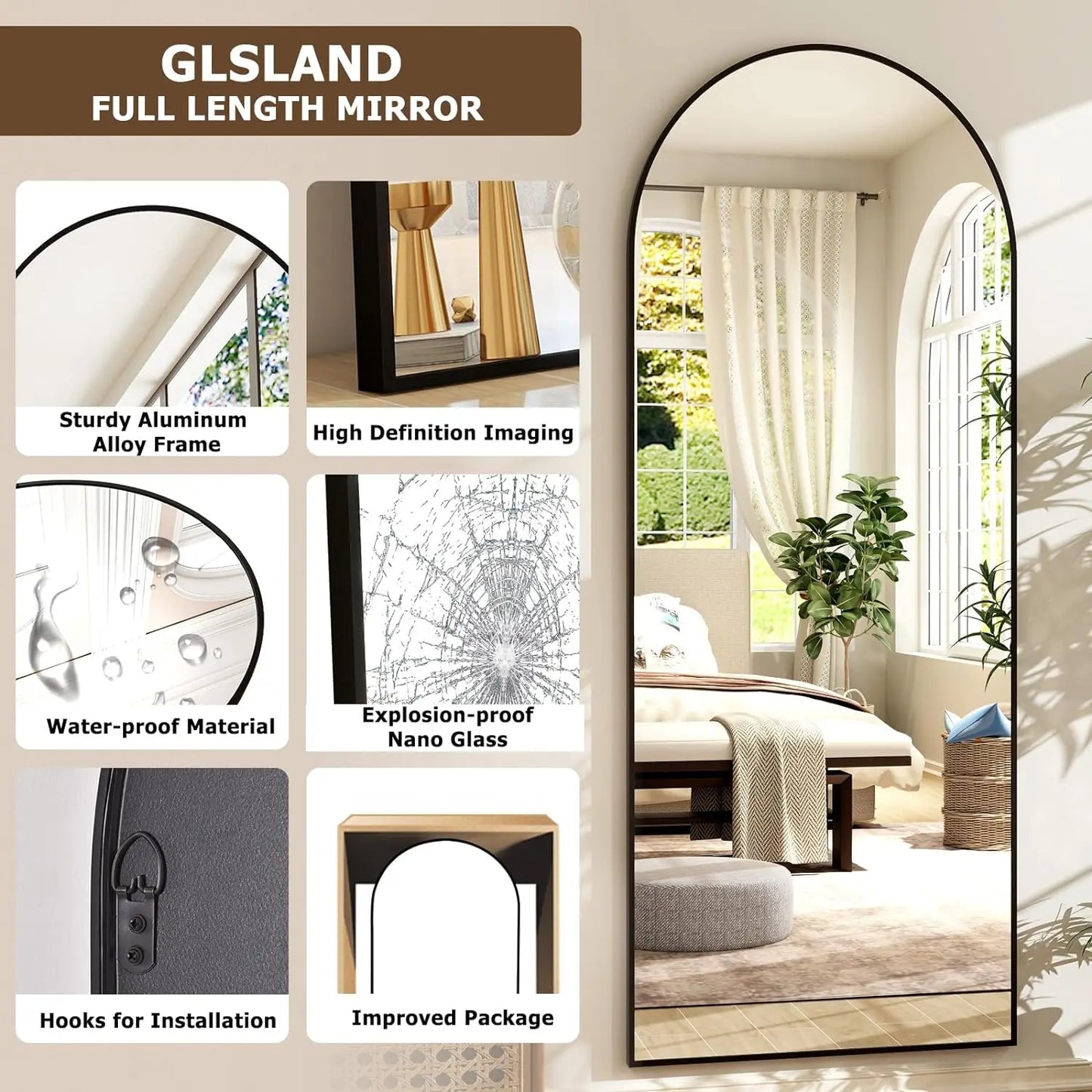 21x64 inch Arched Full Length Mirror – High Definition Aluminum Alloy Frame for Bedroom or Living Room