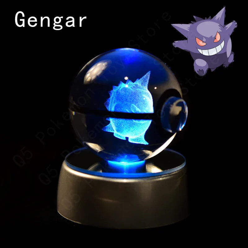 Pokemon 3D Crystal Ball Figurine — Pikachu, Gengar, Mew, Mewtwo Glass Statue with Lamp Base, Kids Birthday Gift