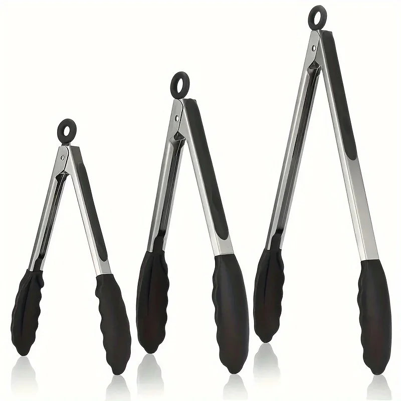 Heavy Duty Stainless Steel Kitchen Tongs - Heat Resistant Silicone Tips with Locking Secure Grip Design