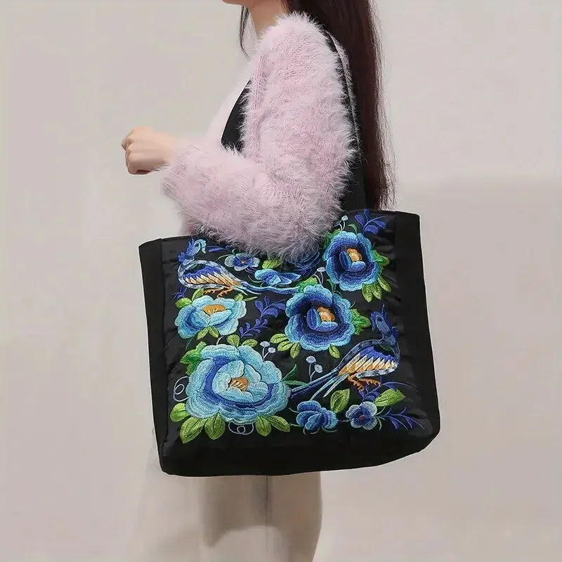 Ethnic Style Flower Embroidery Canvas Tote - Large Capacity Shoulder Bag Handbag for Women