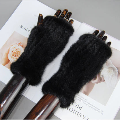 Women’s Winter Mink Fur Gloves – 100% Natural Fingerless Knitted Mittens for Warmth