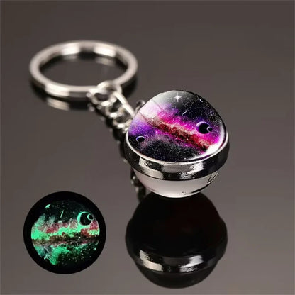 Glow in the Dark Solar System Keychain – Luminous Nebula Planet Key Ring with Moon, Earth, Sun, Double-Sided Glass Ball