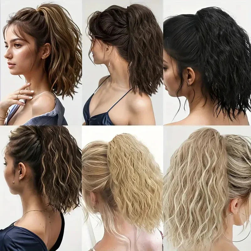 Synthetic Short Curly Water Wave Claw Clip-In Ponytail – Black & Blonde Hair Extension for Women Fashion Accessories