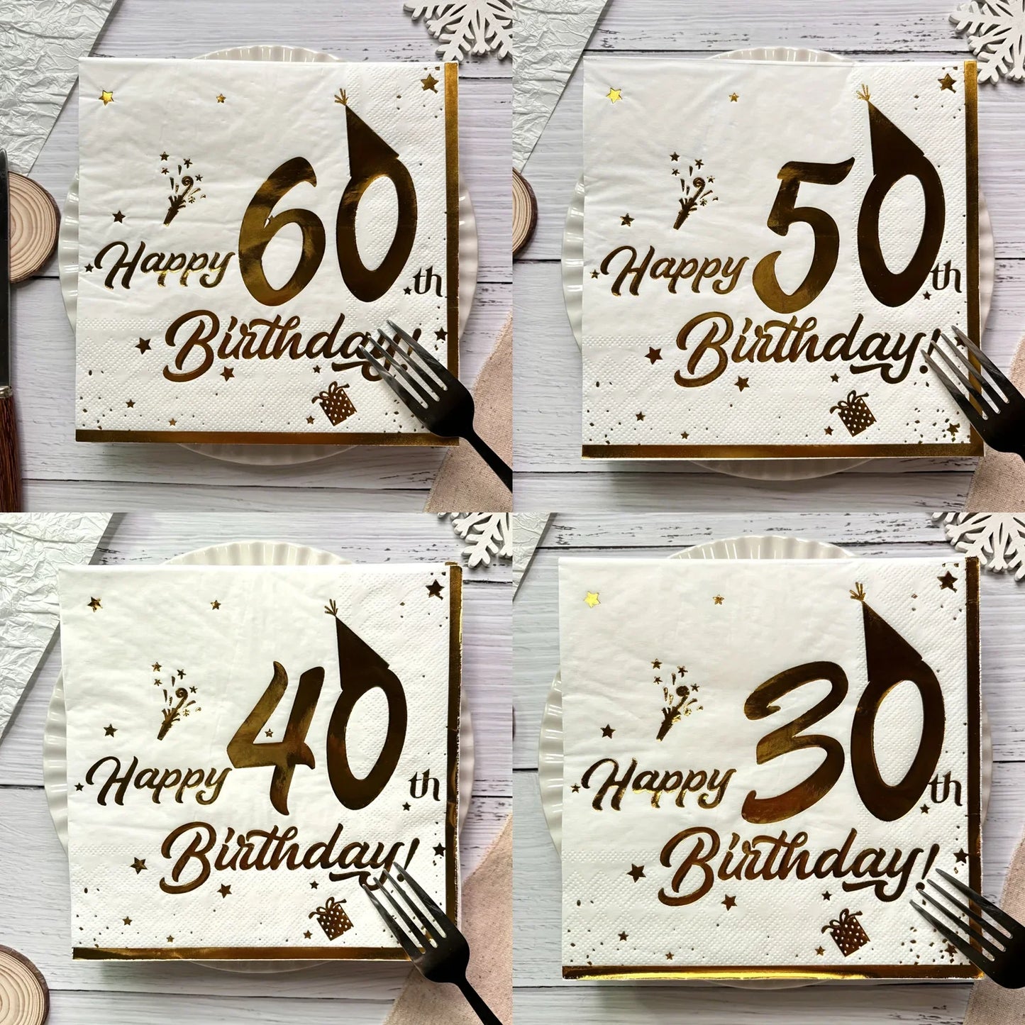 20 Pcs Happy Birthday Napkins – White and Gold Tableware for Party Decorations, Tissue Luncheon Paper Napkins