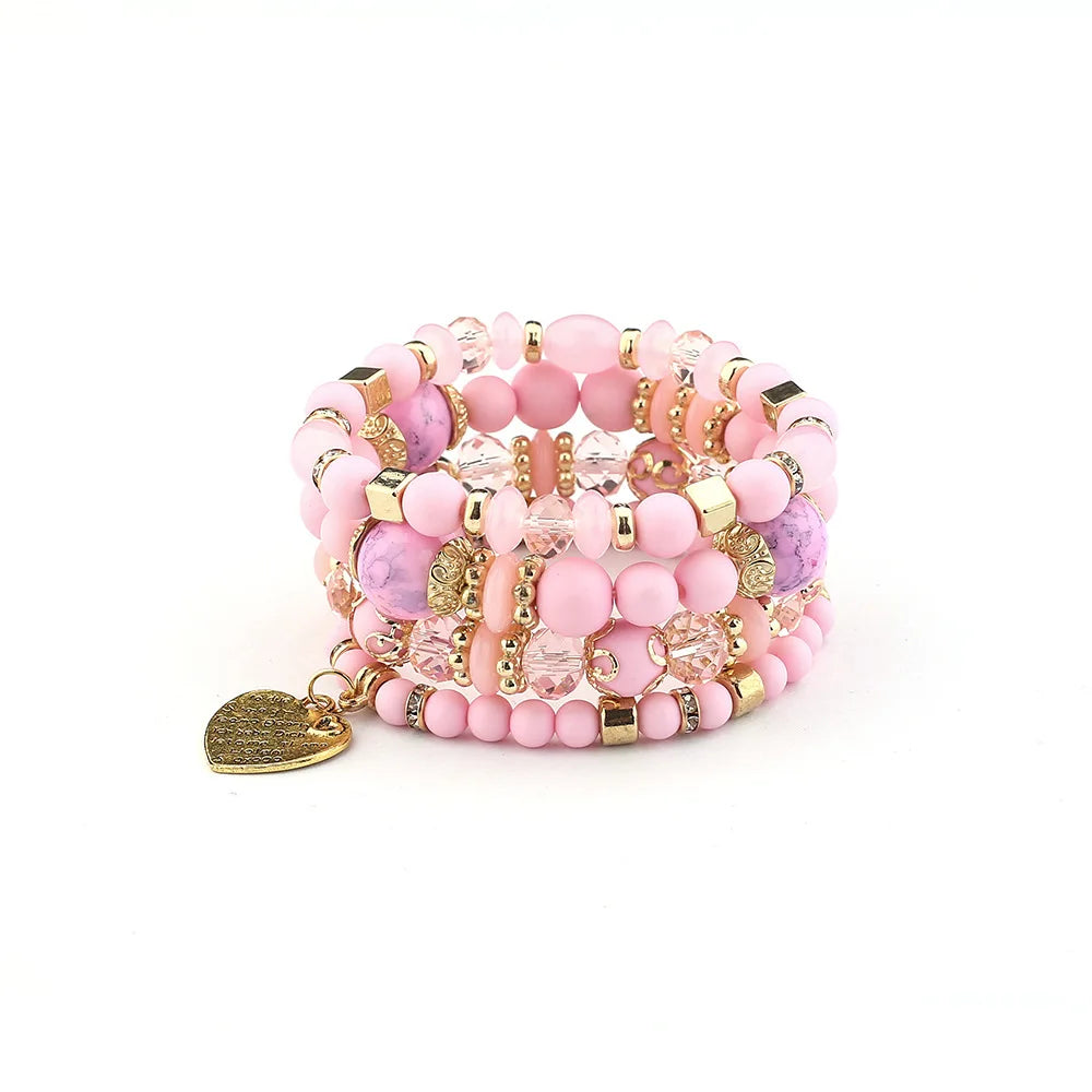 Bohemian Acrylic Beaded Bracelet Set – Solid Heart Charm Elastic Bangles for Women & Men, Retro Daily Wear Jewelry Gift