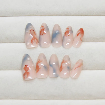 24pcs Goldfish Pattern Almond Press-On Nails – Simple Nude Pink Wearable Detachable False Nail Manicure Set