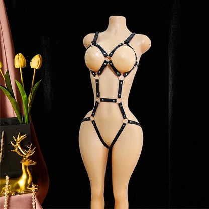 Women Black PU Leather Punk Lace-Up Bodysuit – Adjustable One-Piece Tight-Fit Fashion Harness Accessory