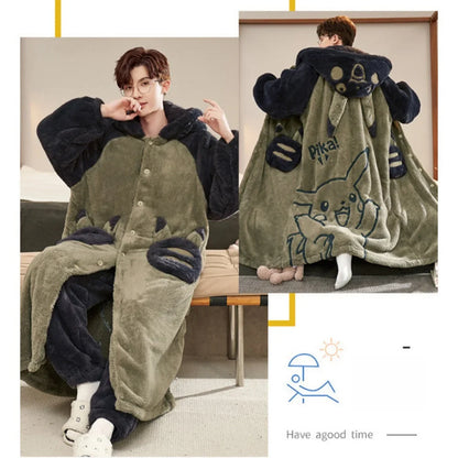 Gengar Pokemon Pajamas Set — Men’s Large Winter Coral Fleece Hooded Nightgown, Thick Warm Anime Home Suit