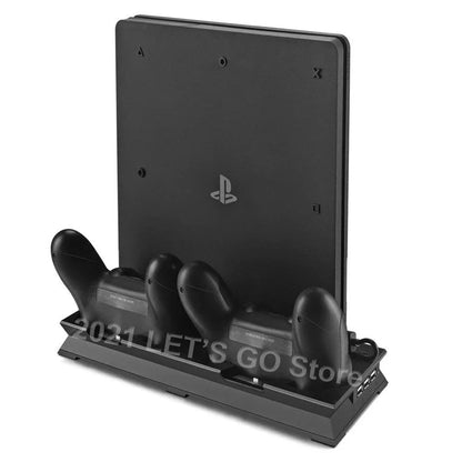 PS4 Slim Vertical Stand — Cooling Fan & Controller Charging Dock Station