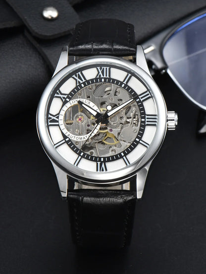 LONGLUX Rome Automatic Mechanical Waterproof Men’s Watch – Hollow Dial Leather Wristwatch Gift